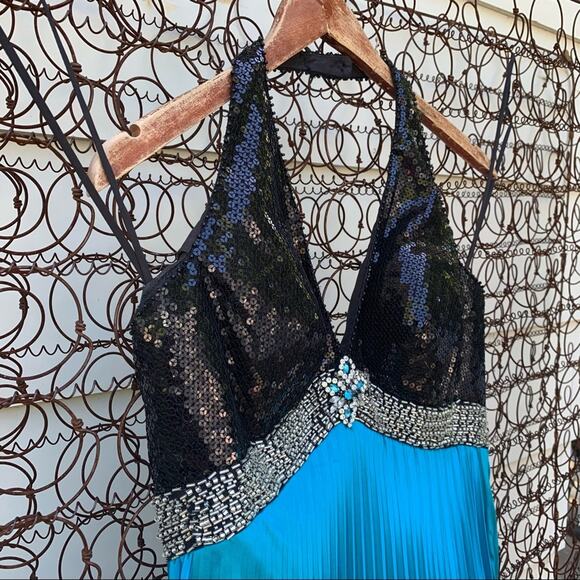 Y2K Mori Lee beaded sequin halter prom dress maxi gown teal black 5/6 - Picture 5 of 13